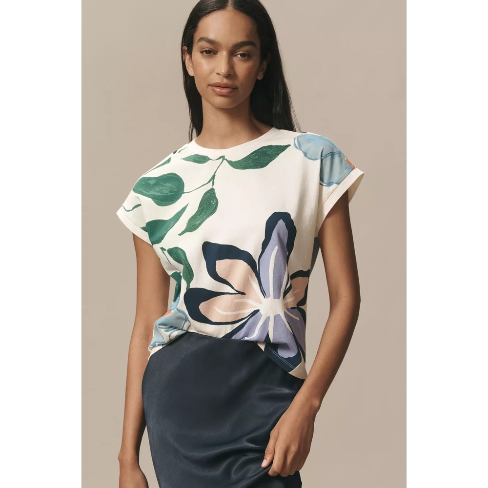 By Anthropologie Floral Graphic Muscle Tee In Ivory Women's Size XS